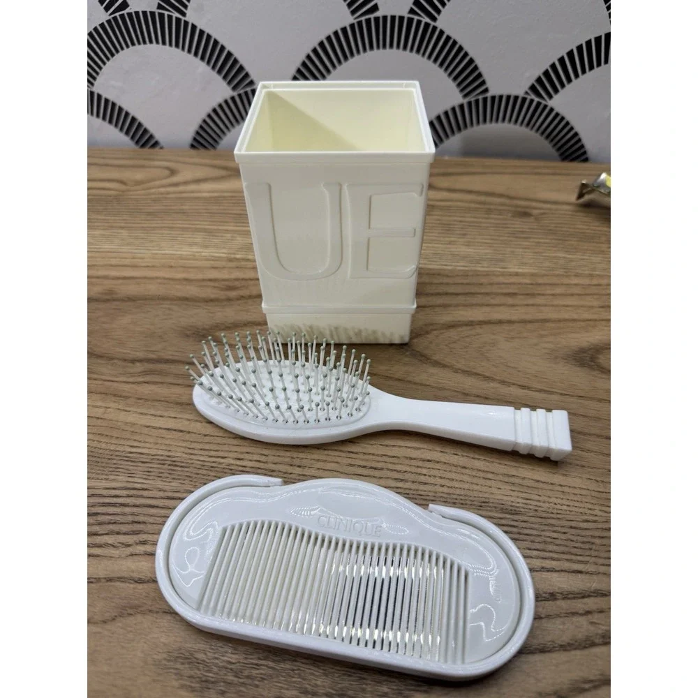 Vtg CLINIQUE Set of 3 Travel Hair Comb Mirror & Brush White W/ Holder